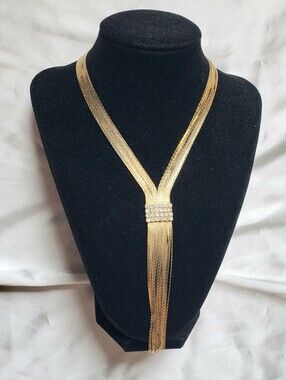 Vintage 90s Minimalist Multistrand Necklace Gold Tone Lariat Bolo Rhinestone